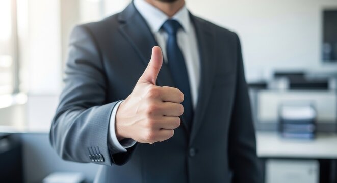 Businessman Giving Thumbs Up Gesture in Office Setting.