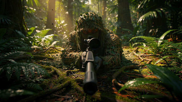 A highly camouflaged sniper, expertly concealed in a ghillie suit, lies prone on the jungle floor, meticulously aiming their precision rifle with intense focus, embodying tactical readiness for a