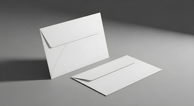 Blank white envelopes mockup, realistic 3d render of stationery set for branding presentation, clean paper mail template on grey background