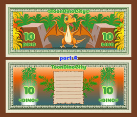 Vector cartoon colored beautiful banknotes, coupons or flyers. Obverse and reverse. Cute toon little dinosaur or baby pterodactyl. Denomination 10 dino. Bamboo, stones and palms leaves. Ten. Part 4 © GAlexS