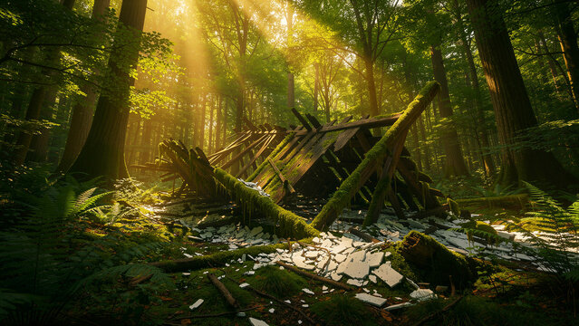 Weathered wooden structure decaying with thick green moss covering the timber frames while broken white debris lies scattered across the ground beneath the old remains of this collapsed building