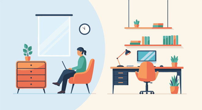 A split-screen view shows a person working on a laptop at home and a fully equipped office desk