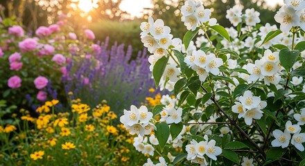 Obraz premium Beautiful flowers in a garden at sunset.