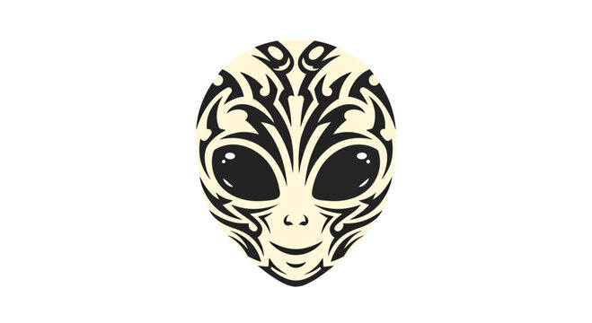 Stylized Alien Head Vector Illustration with Intricate Tribal Patterns, Mysterious Extraterrestrial Graphic Design Element for Sci-Fi Themes and Merchandise