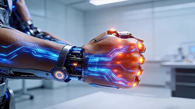 Robotic prosthetic arm with blue glowing circuits in laboratory