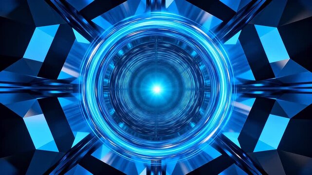 Blue glowing energy ring with geometric polyhedron structure