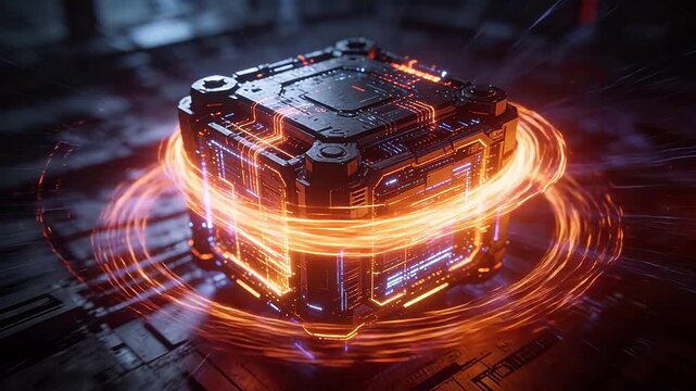 Sci-fi cube device with orange glowing rings and circuit details