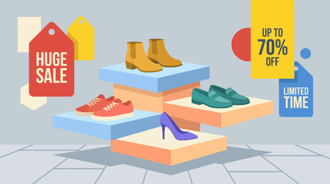 A modern and eye-catching display of shoes showcasing a huge sale in an abstract style, highlighting various footwear options, perfect for fashion enthusiasts.