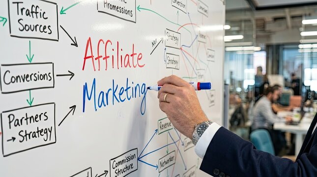 Professional Explaining Affiliate Marketing Strategy on Whiteboard in Office.