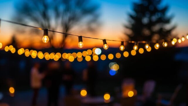 Warm outdoor string lights bokeh background for evening summer garden party