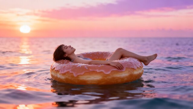 Woman relaxing on a giant donut float in the ocean during a beautiful pink sunset