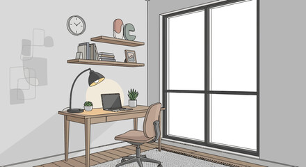 Obraz premium Cozy Home Office with Desk, Laptop, Lamp, and Window View