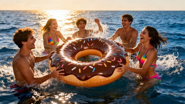 A joyful group of young, diverse friends splashes and plays with a giant inflatable donut in the sparkling ocean water during a vibrant summer sunset vacation