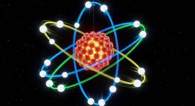 A colorful atom model with electrons orbiting a nucleus.