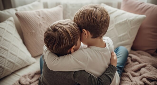 Two young boys sharing a hug on a cozy couch.