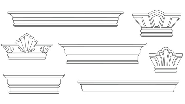 Architectural molding and cornice profiles are shown in a technical drawing style with various decorative shapes and layered edge details.