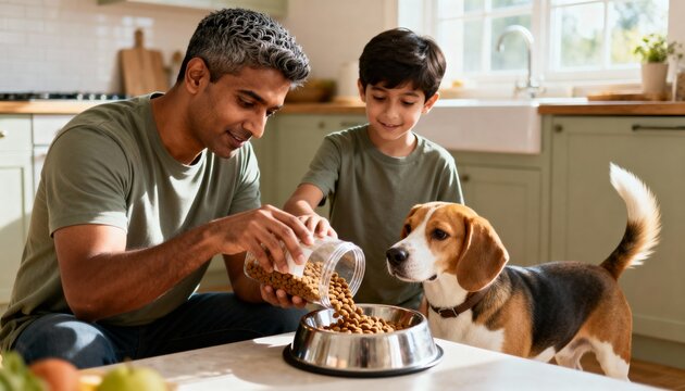 South Asian father and son feeding their Beagle dog in a bright kitchen. Man pouring dry kibble into a metal bowl. Pet care and family responsibility concept