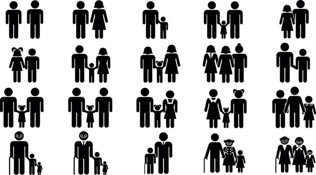 Diverse Family Icon Set Featuring Traditional And Non Traditional Households Single Parents Same Sex Couples Multi Generational Families And Senior Citizens