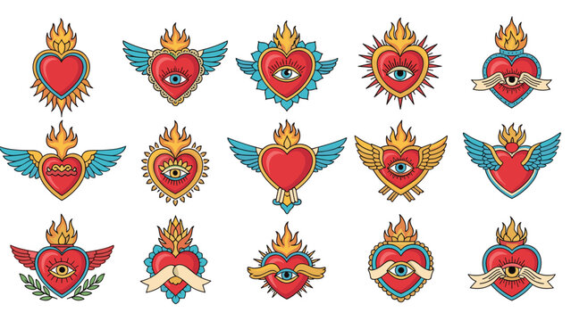 Collection of sacred heart illustrations features colorful hearts with flames, wings, eyes, and floral elements in a folk art style.