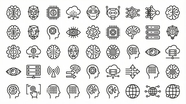 Vector illustration of fifty AI and neural network icons in minimalist line style.