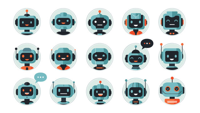 Grid of cute robot head avatars in circular icons shows various facial expressions and designs for digital profile pictures or user interfaces.