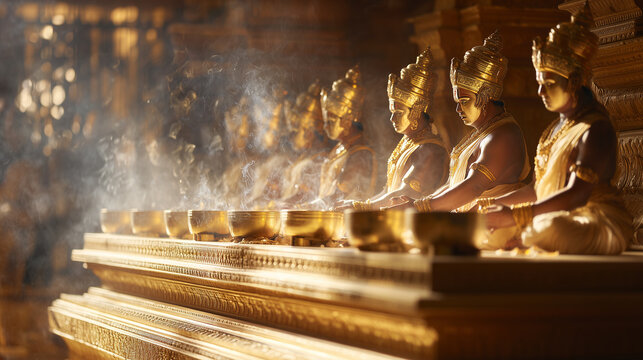 Nallur Festival, Golden Buddha statues aligned inside temple with incense smoke during Nallur Festival creating serene spiritual atmosphere and highlighting sacred religious artistry