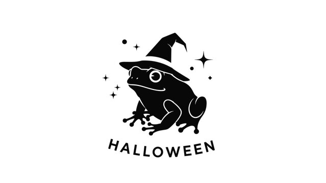 Cute black frog wearing a pointy witch hat surrounded by stars and sparkles for a whimsical and spooky Halloween party decoration.
