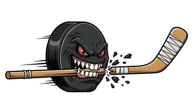 Mean hockey puck character with red eyes and sharp teeth biting through a wooden stick for a fierce sports team mascot logo design.