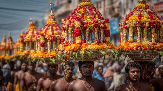 Nallur Festival, Devotees carrying decorated kavadi structures during Nallur Festival procession highlighting intense devotion, colorful rituals and vibrant cultural Hindu celebration atmosphere