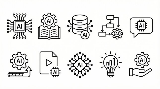 Vector illustration of fifteen AI and data science icons in minimalist line style.
