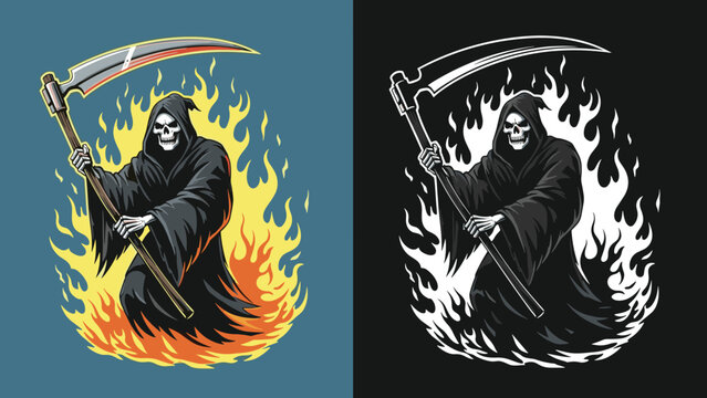 Menacing grim reaper holding a large scythe in front of a wall of flames shown in two different color variations for dark art themes.