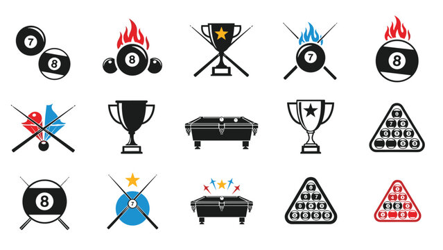 Comprehensive collection of billiards and pool icons including balls cues tables and trophies for sports club and gaming designs.