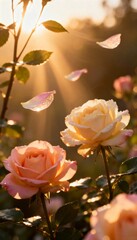 Obraz premium Vertical photo of blooming roses with falling petals in a sunlit garden. Peach and cream flowers with morning dew drops. Golden hour light rays and bokeh background