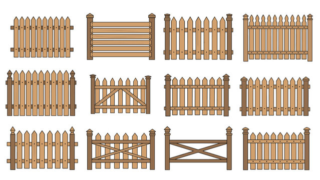 Collection of several wooden garden fence designs including picket, horizontal, and cross-braced patterns on a simple white background.