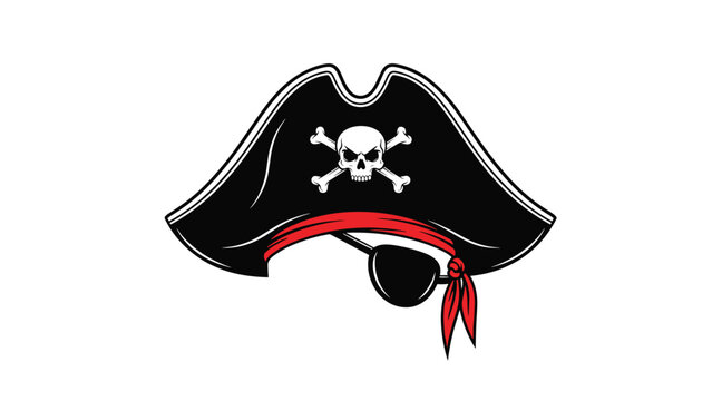 Pirate hat illustration featuring a white skull and crossbones emblem on a black bicorne with a red sash and an eyepatch underneath.