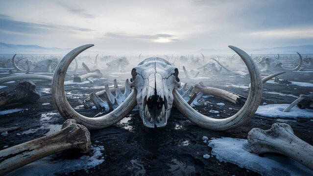 An ancient mammoth skull features massive curved ivory tusks and a detailed bony structure showcasing the historical remnants of a prehistoric creature that once roamed the earth leaving behind a