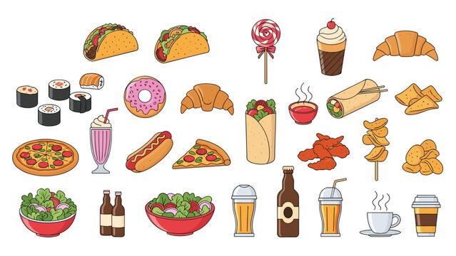 Large assortment of colorful fast food and snack illustrations including tacos, pizza, donuts, and drinks on a plain white background.