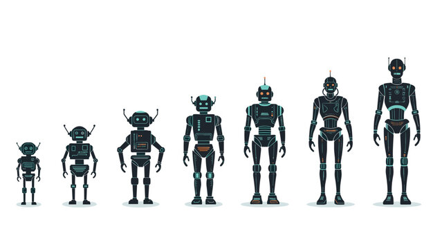 Series of eight robots showing an evolution from a small simple machine to a tall sophisticated humanoid android figure.