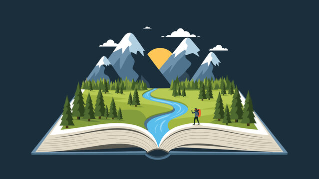 Open pop up book revealing a beautiful paper craft style landscape with snow capped mountains a river and a small pine forest.