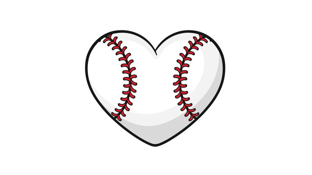 Stylized baseball designed in a heart shape with realistic red stitching on a clean white background for sports lovers.