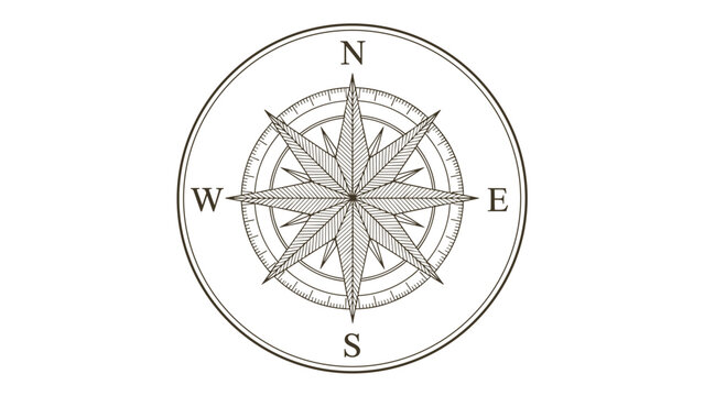 Classic nautical compass rose with north south east and west cardinal directions in a detailed black and white line art style.