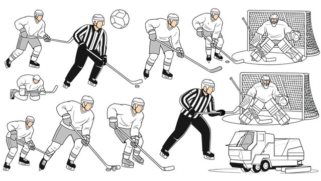 Set of various ice hockey player figures including goalies referees and a zamboni machine in action poses for sport graphics.