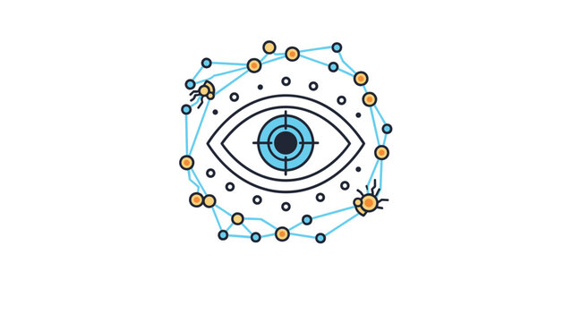 Abstract digital eye icon surrounded by a network of connected nodes and circles representing surveillance and cybersecurity.