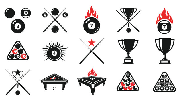 Comprehensive set of billiard icons and emblems featuring balls cues tables and trophies in black red and white colors.