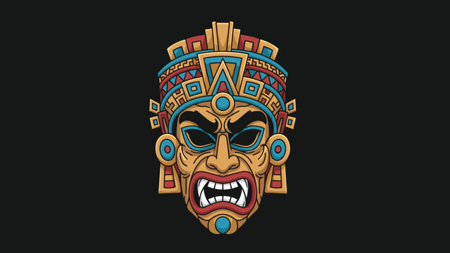 Intricate mayan or aztec tribal mask with fierce expression colorful patterns and ornate headpiece on a black background.