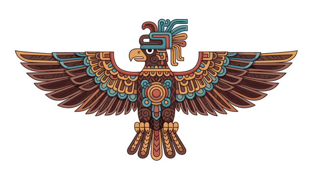 Intricate and colorful stylized eagle carving inspired by ancient aztec and mayan tribal art and central american mythology.