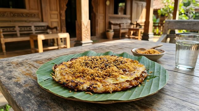 Kerak Telor Betawi Omelette on Banana Leaf with Toasted Coconut in Traditional House