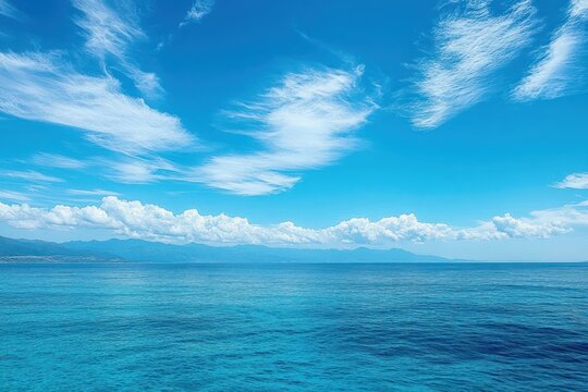 Calm turquoise sea under a bright blue sky with wispy and billowing clouds above a distant mountain horizon, evoking peaceful serenity