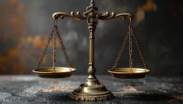 Vintage justice scales, aged brass, perfectly balanced pans, dark stone surface, concept of fairness, legal authority and justice.