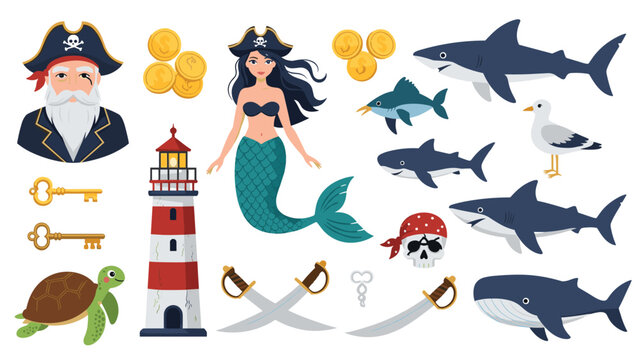 Collection of pirate themed illustrations includes characters like a captain and mermaid, sharks, a lighthouse, and treasure coins.